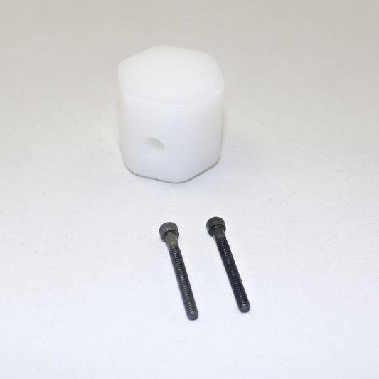White plastic component with two black screws on a white background