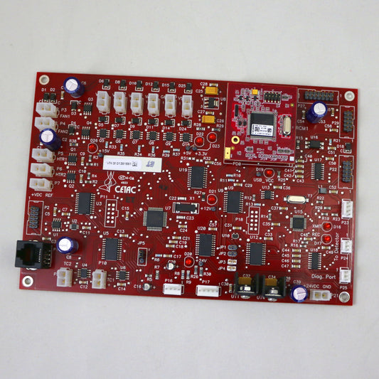 Red electronic circuit board with various components on a white background