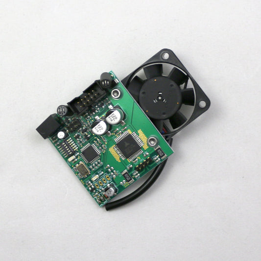 Electronic circuit board with a fan on a white background