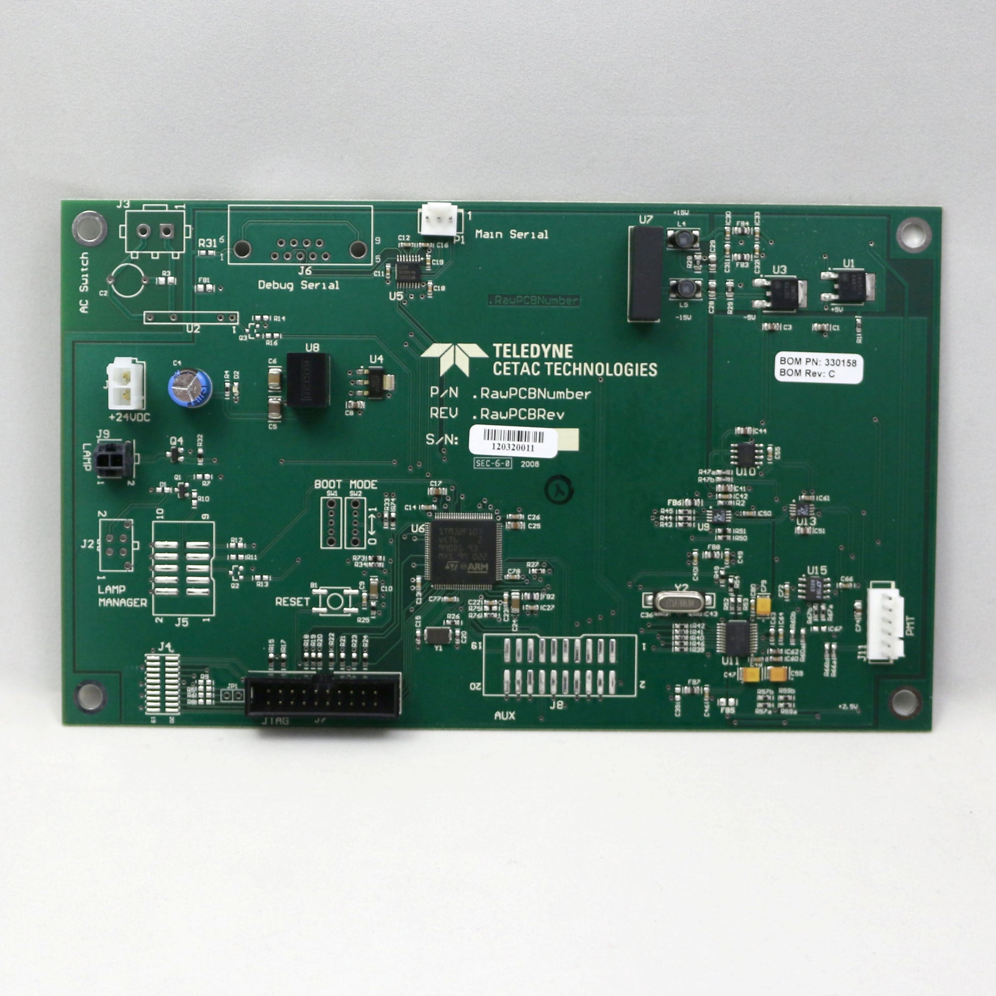 Green circuit board with Teledyne CETAC Technologies logo on a white background
