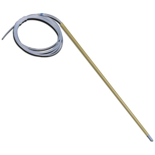 Coiled tubing with a long golden connector on a white background