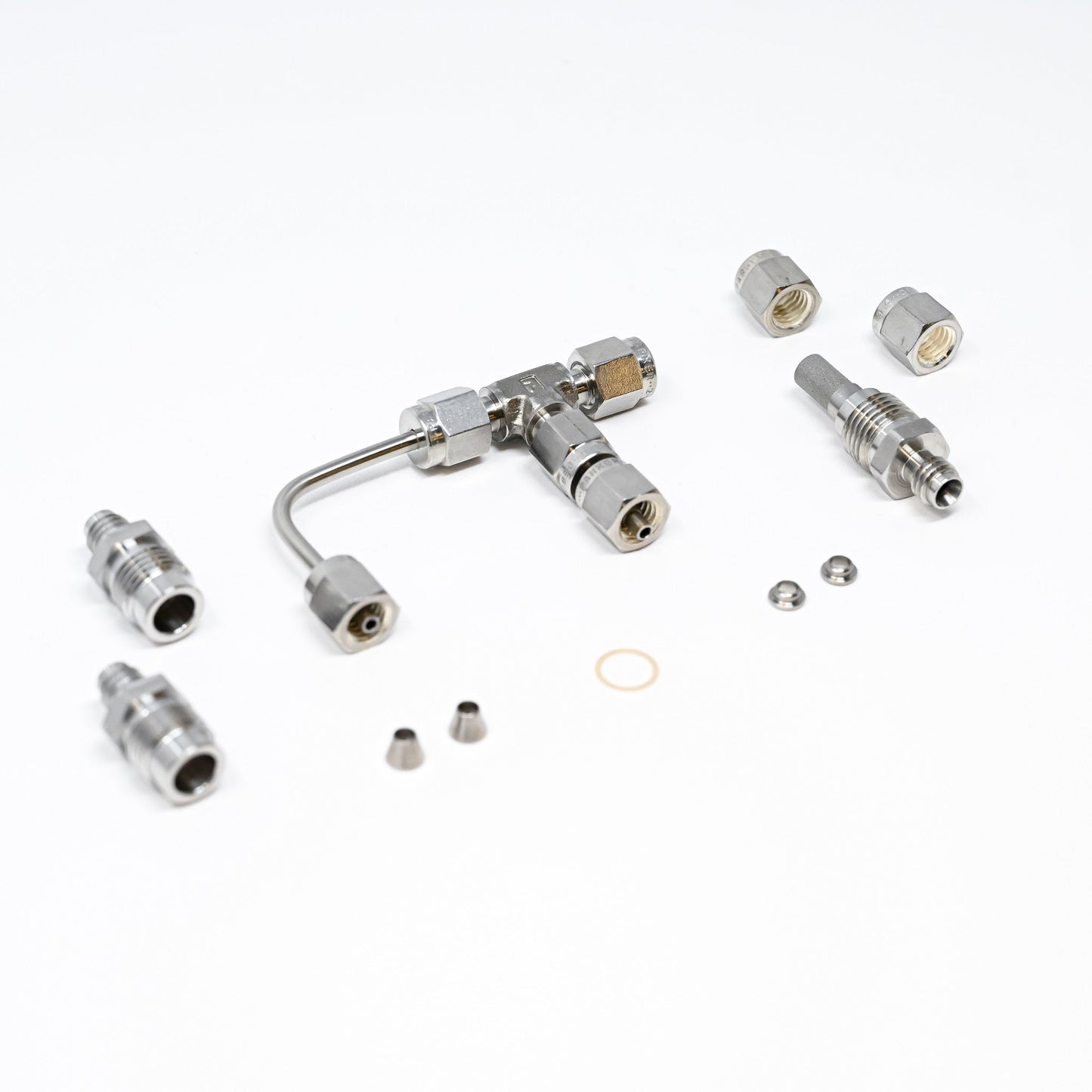 Collection of parts for fittings adapter kit.