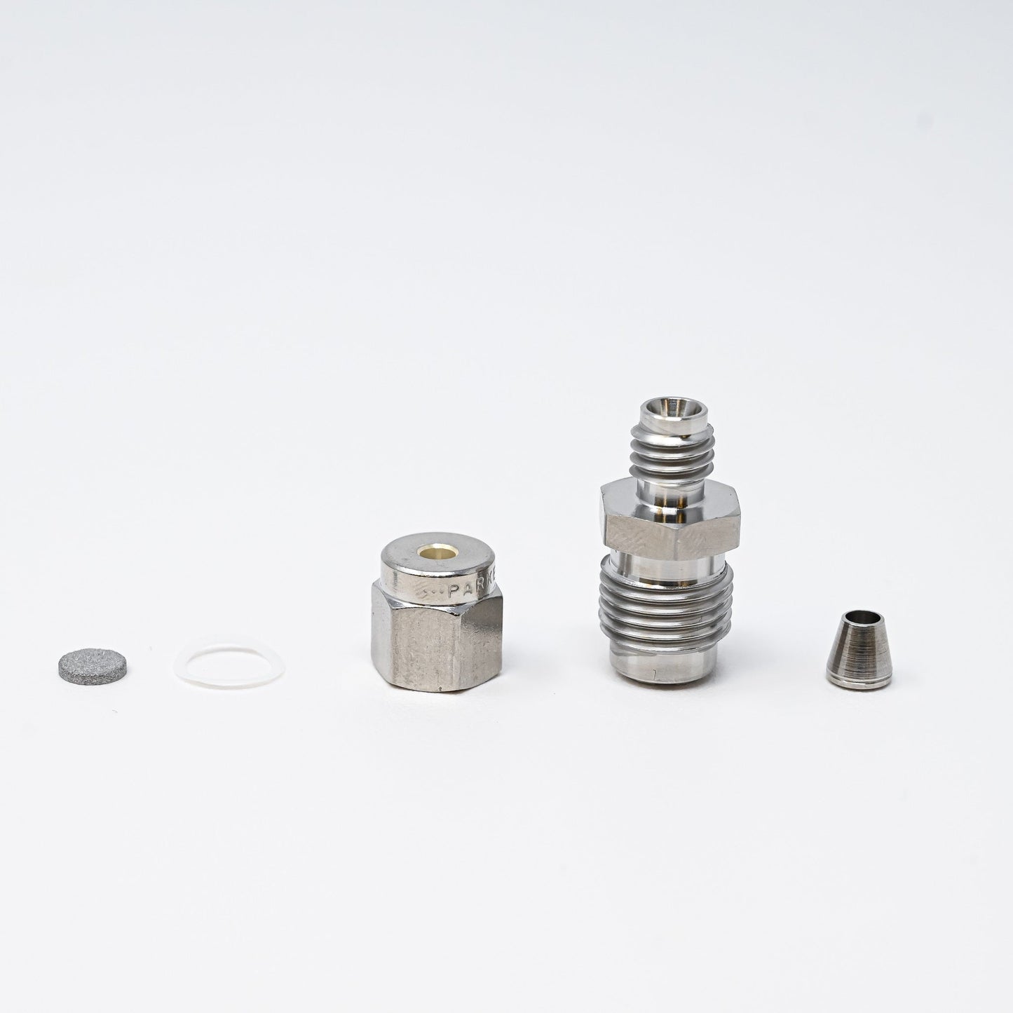 Collection of parts for fittings adapter kit.