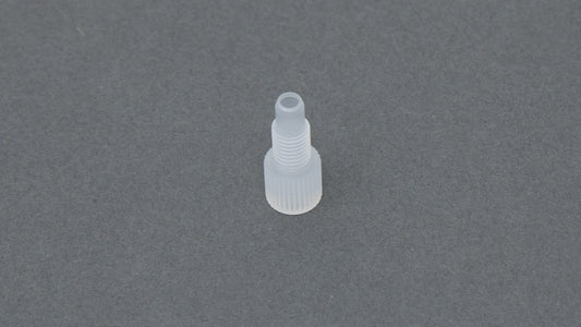 Clear plastic nut with threads.