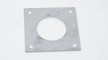 Square plate with a small hole in each corner and a large hole in middle.