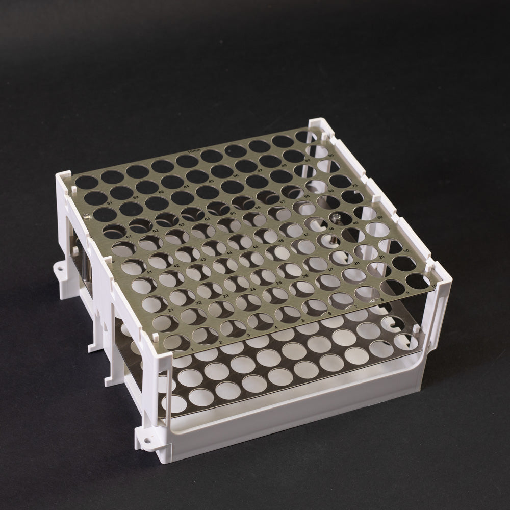 Rack with 100 holes for test tubes