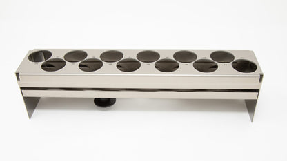 Stainless steel rack with holes to hold vials