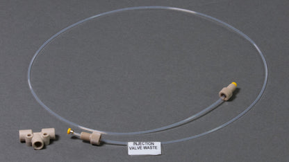 Auto injector long waste tubing assembly.  Includes 30 inches of PTFE tubing, PEEK tee, ferrules and nuts.