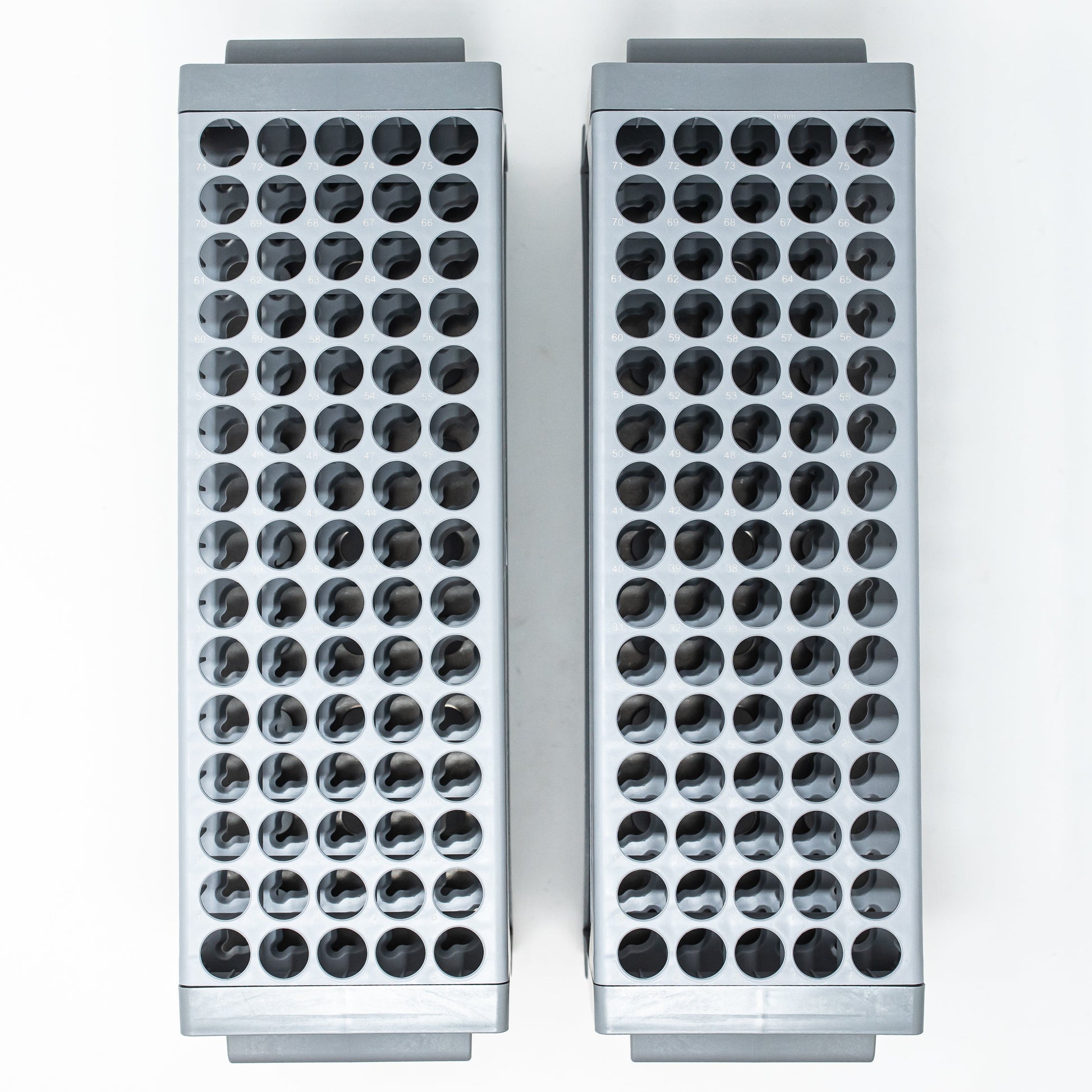 Set of 2 racks with 75 holes each for test tubes