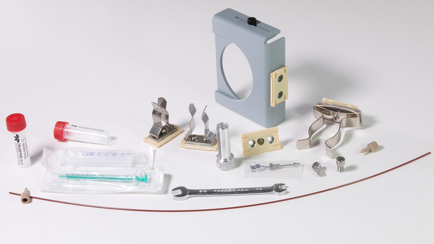 Accessory package. includes Luer adapter port, Column mount kit, verification kit, wrench for flangeless nut, open end wrench, PEEK tubing, stainless steel socket head screw cap, tubing connector nut with ferrule.