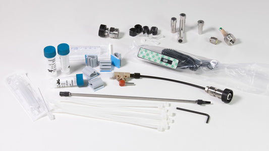 Prime Tube Assembly, Stylus, Female luers, Cartridge adapter, plug, Liquid injection kit, ferrules, clips, and o-rings